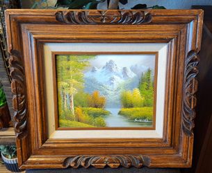 vintage framed mountain landscape oil painting with a carved wooden frame 17"×15"