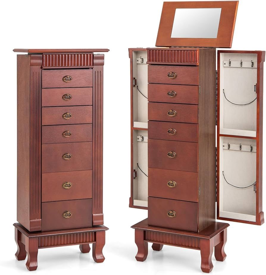 8-Layer Jewelry Armoire, Freestanding Jewelry Organizer Cabinet with Top Mirror, 7 Drawers, Side Doors, Anti-tipping Device, Large Capacity Jewelry Ca