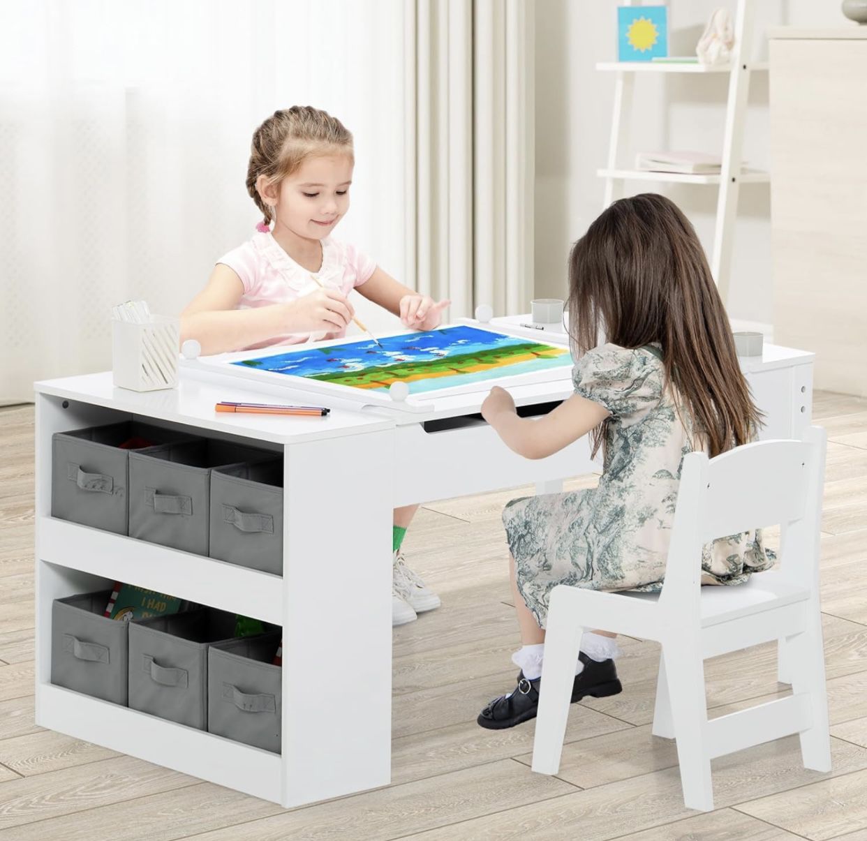 2 in 1 Kids Art Table and Chair Set, Toddler Craft Play Wood Activity Desk