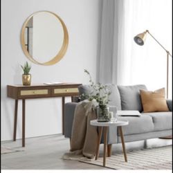 Loft & Luv Remy Boho Mid-Century Natural Rattan Console Table with Drawer and Open Shelf, Walnut Fin