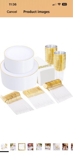 350PCS White and Gold Plastic Dinnerware Set for Bridal Showers Extra Heavyweight Disposable Plates with Premium Two-Tone White Handle Gold Utensils,