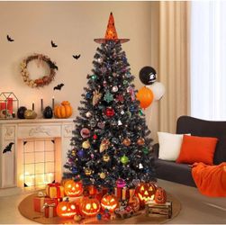 6ft Pre-lit Christmas Tree with 300 Warm White Lights, Black, Foldable Stand. P-20