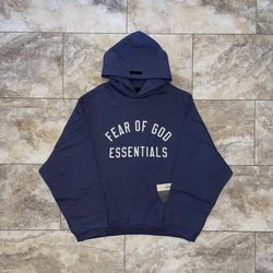 Fear of God Essentials Fleece Hoodie Marine (With Pockets) Size Large