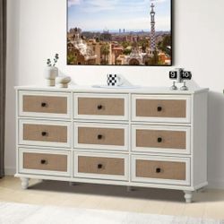 BEAUTIFUL DRESSER ANTIQUE WHITE & RATTAN BRAND NEW IN BOX 60X17X34 9 DRAWERS 