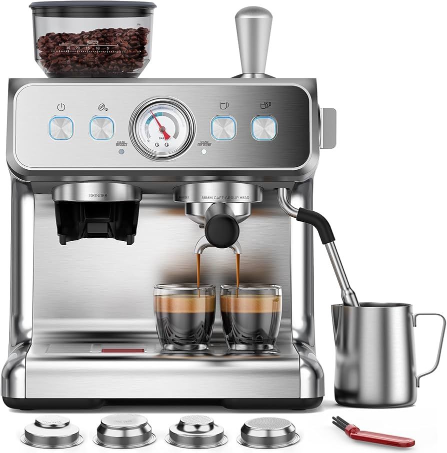 Double Boiler Espresso Machine with Grinder, 20 Bar Expresso Coffee Machines with Upgraded Anti-Clogging System, Professional Coffee Maker with Milk F