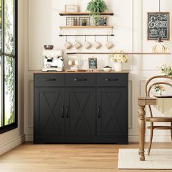 Modern Farmhouse Buffet Sideboard Cabinet, Barn Doors Storage Cabinet with Drawers and Shelves, Wood Coffee Bar with Storage for Dining Room, Kitchen,