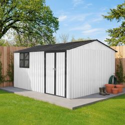 12x10FT Metal Storage Shed w/ Window & Shelves – White + Black