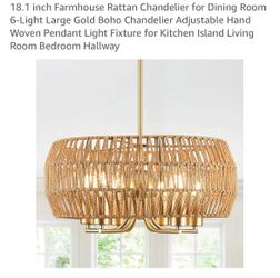 18.1 inch Farmhouse Rattan Chandelier for Dining Room 6-Light Large Gold Boho Chandelier Adjustable Hand Woven Pendant Light Fixture for Kitchen Islan