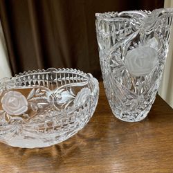 Vintage Cut Glass Water Pitcher and Bowl