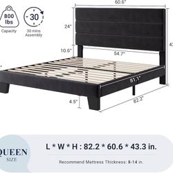 Queen Size Platform Bed Frame with Velvet Upholstered Headboard and Wooden Slats Support, Fully Upholstered Mattress Foundation/No Box Spring Needed/E
