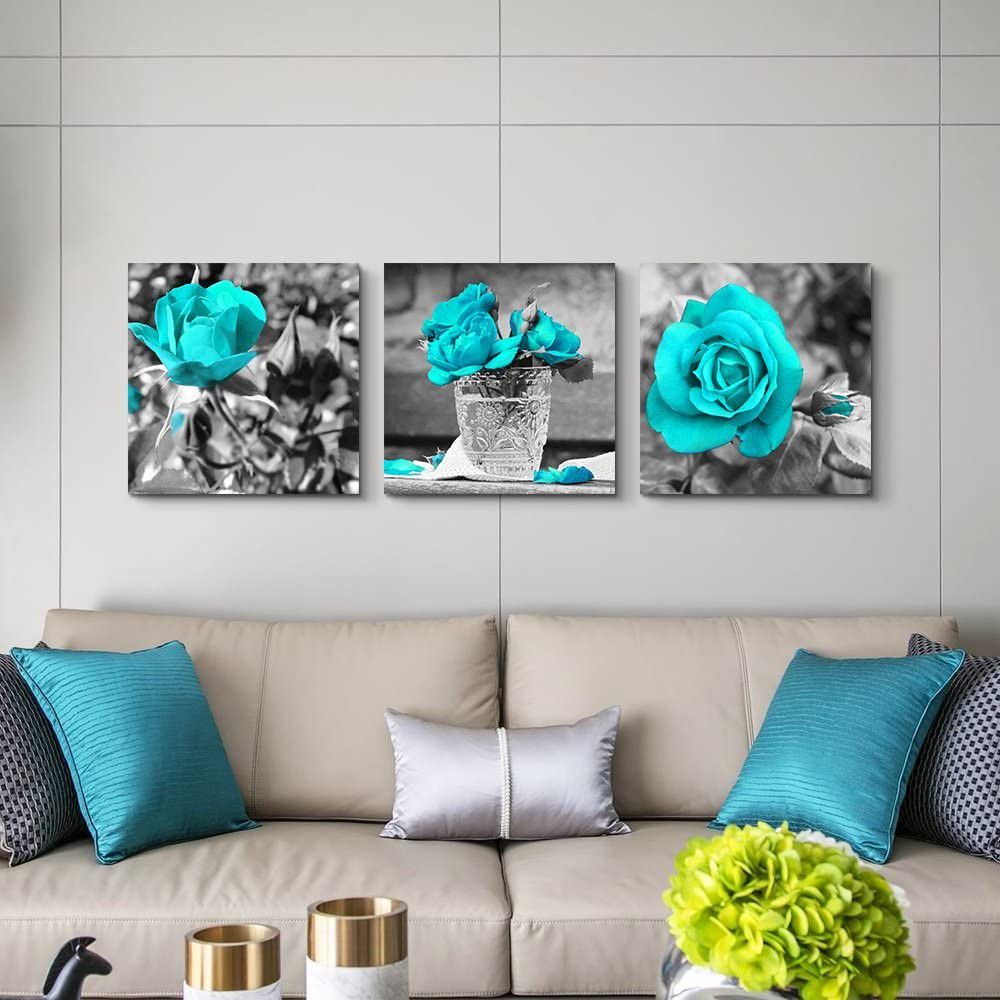 Brand New Wall Art Simple Life Black and White Rose Flowers Blue Canvas Decor Giclee Painting Print 3 Pieces Home Dining Living Bedroom Office Kitchen