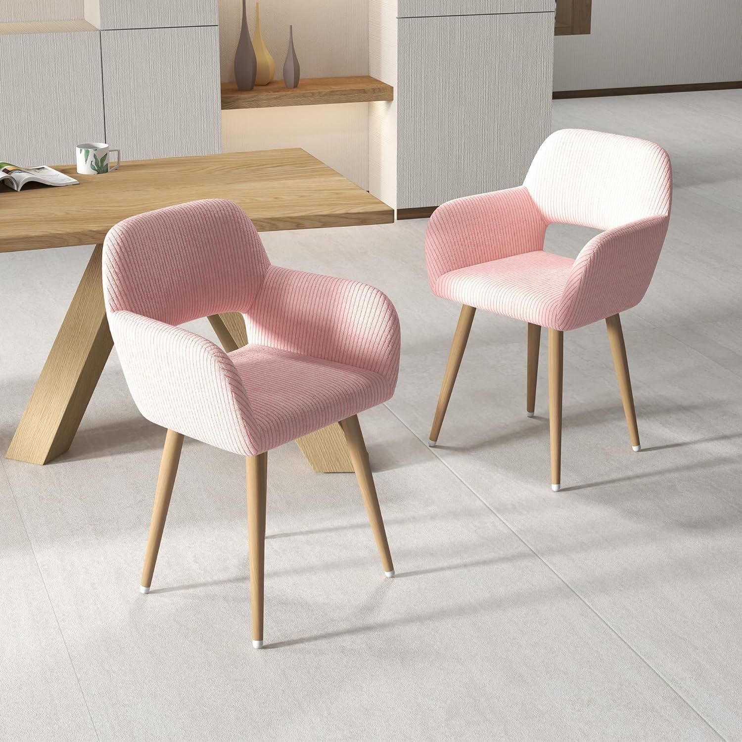 Set Of 2 - Pink Corduroy Fabric Vanity Chairs w/ Faux Wood Metal Legs [NEW]  **Retails for $180