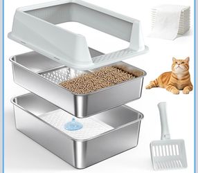 AIPERRO Stainless Steel Sifting Litter Box for Pine Pellets with Lid Large Metal Sifting Cat Litter Box, Non-Clumping Pellet Sifter Tray, High Sided,