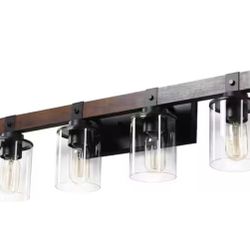 Farmhouse 27.2 in. 4-Light Walnut and Black Bathroom Vanity Light with Glass Shade