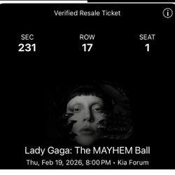 Lady Gaga Ticket For Kia Feb 
