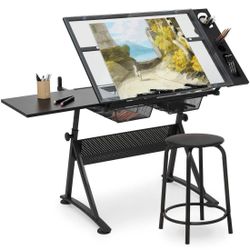 V25 $120  Drafting Table - 53" Crystal desktop with frame, 2 mesh drawers, with black stool  This drafting table is designed with artists and designer