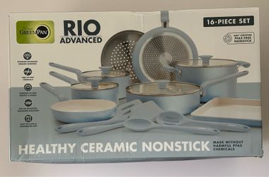 GreenPan Rio Advanced 16pc Ceramic Nonstick Cookware Set Stardew Blue