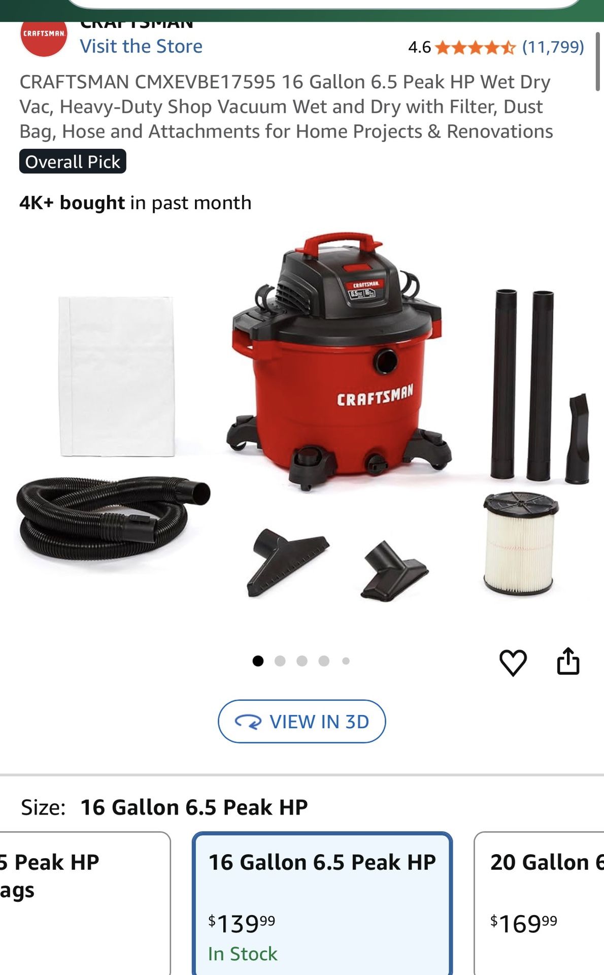 CRAFTSMAN® Corded 16-Gallon 6.5 Peak HP Electric Heavy-Duty Wet/Dry Shop Vac with Accessories