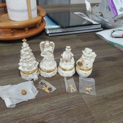 Lenox Treasures Treasure Box Lot Of 4  Christmas Tree,  Angel Of Hope, Skiing In Style, Heralding The Season Snowman 