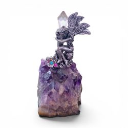 Vintage Pewter Fairy Holding crystal on genuine amethyst geode rock