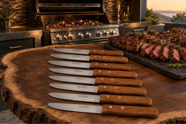 Tramontina Brand Porterhouse 8 Piece JUMBO SIZE Wood Handle Steak Knives Set NEW / VINTAGE Fine Art Stainless Steel High-Carbon and Hardwood HILLCREST