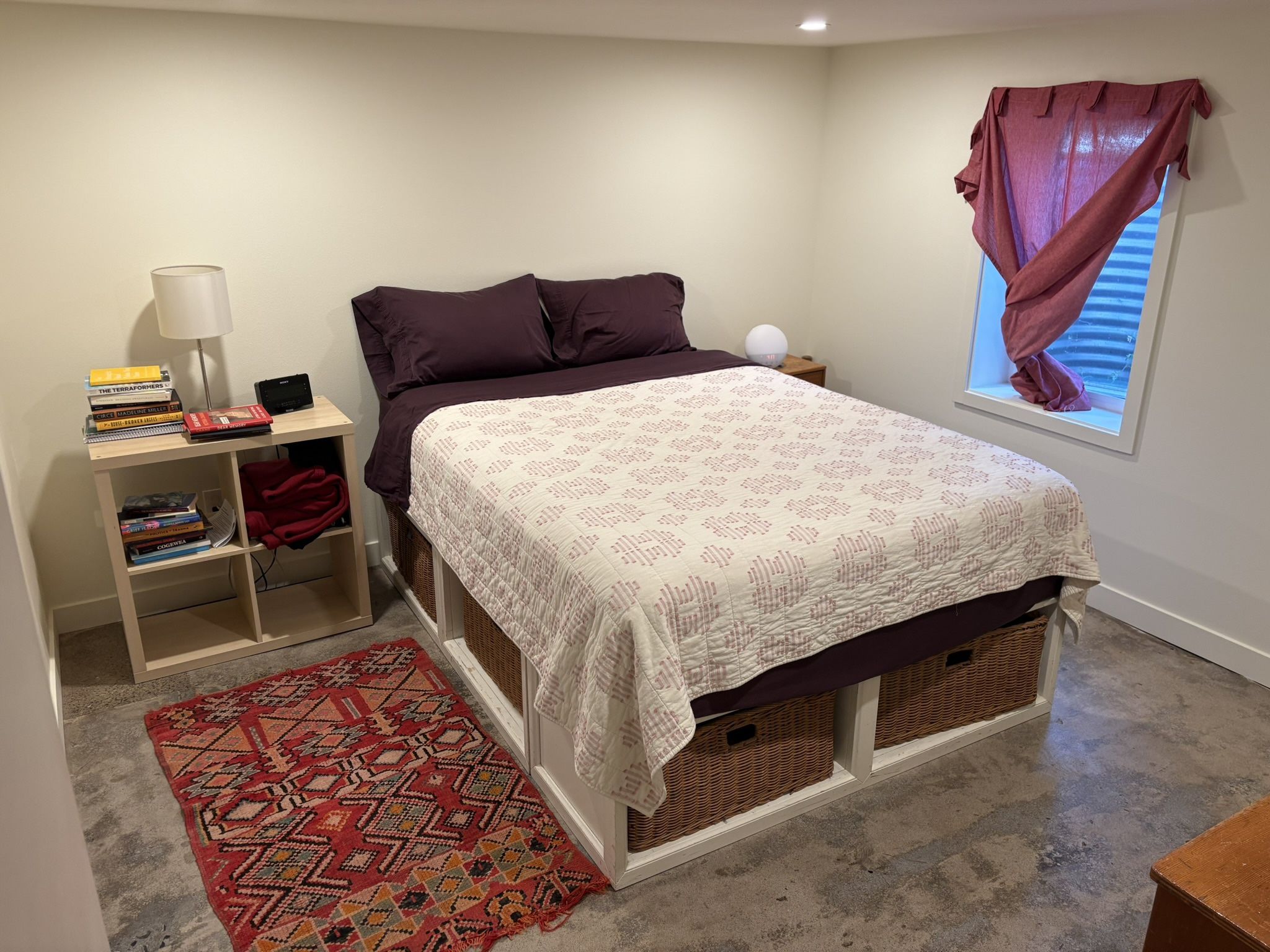 Queen bed frame with storage baskets