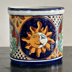 Vintage Talavera celestial sun & moon calla lilies ceramic bin Made in Mexico