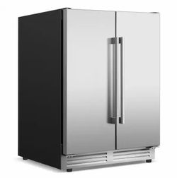 23.4 in. Dual Zone 210-Cans Beverage Cooler Interior Blue LEDs with 4-Door Handles Built-in Beer Fridge in Silver