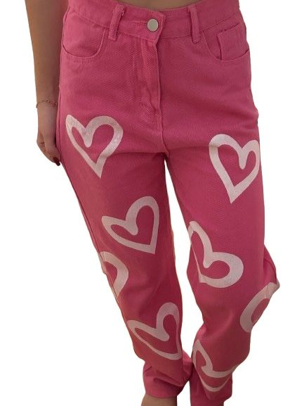Pink jeans with white hearts