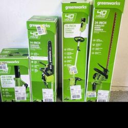 Greenworks 40v cordless blower/chainsaw/string trimmer/hedge trimmer with battery+charger EACH $125