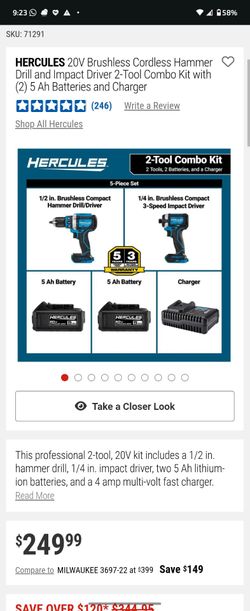 NIB Hercules 20V Brushless Hammer Drill & Impact Driver Combo Kit