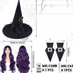 Witch Hat Black Dark Purple Long Curly Wig Nylon Striped Cap Shoes for Women