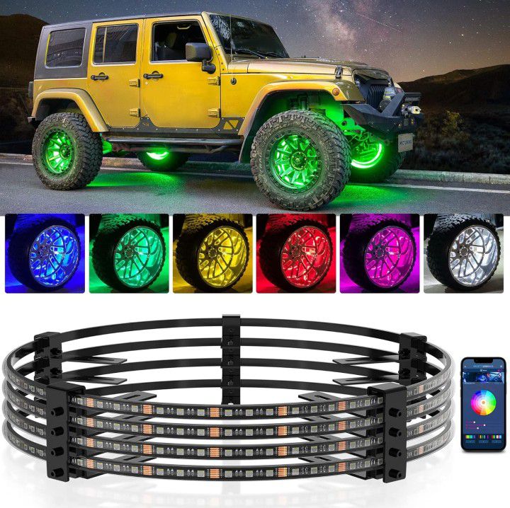 MICTUNING 15.5inch V1 RGBW LED Wheel Ring Lights Kit with APP Control, Pure Colors Neon Wheel Rim Lights With Turn Signal 