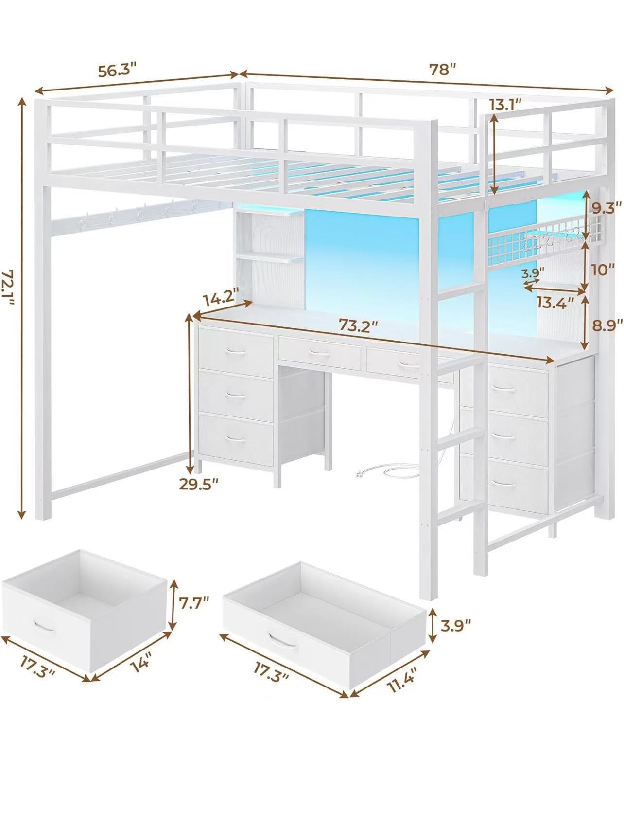 🥨Full Size Loft Bed with Desk, Full Metal Loft Bed with 8 Drawers Storage & Charging Station & LED Lights, 4 Open Storage Shelves, Noise-Free