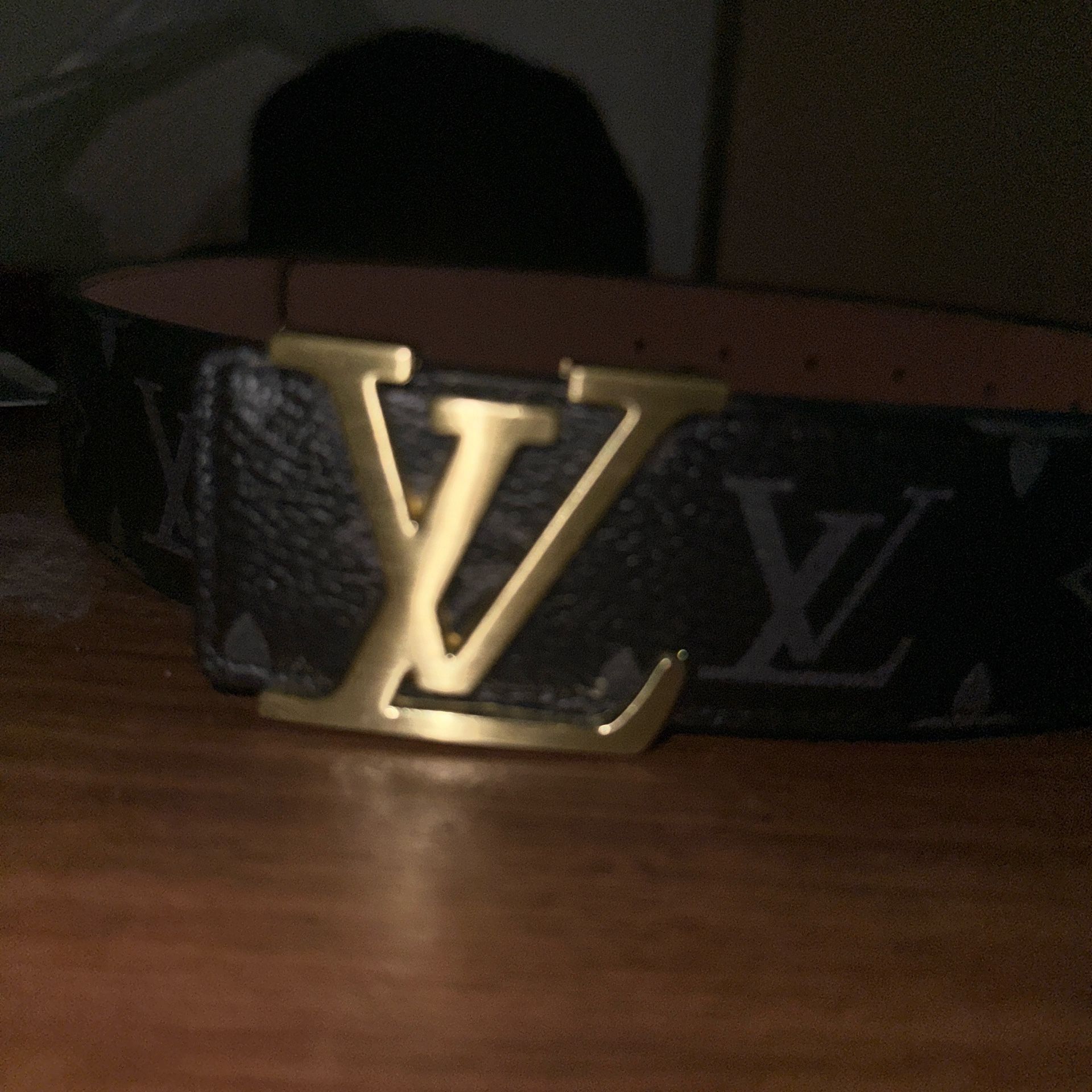Louis Vuitton Mens Monogram Black Leather Gold Logo Belt Size 50/125