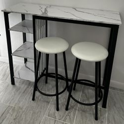 Bar-height table and chairs for 2, compact 4-tier dining table, white faux marble top, and 2 seats