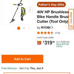 40V HP Brushless Bike Handle Brush Cutter (Tool Only)