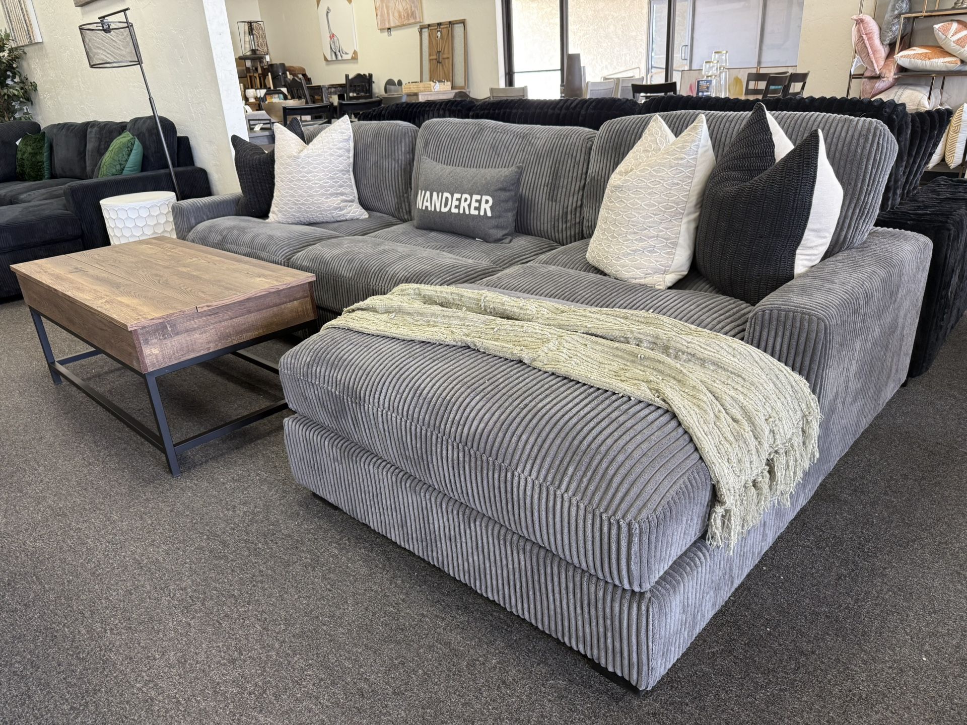 Sectional In Grey Corduroy Fabric Modular Sofa With Chaise