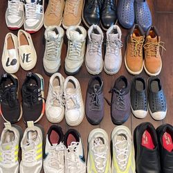 Kids Shoes up left to Right  DC size 4y $10  Boots light brown size 4Y $15  Black dress shoes size 4Y $15  Robber water shoes 2.5y $5  White Tom’s Gir