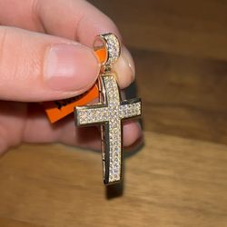 Moissanite Diamond Curved Cross Pendant, 925 Sterling Silver w/ Gold Plating
