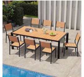 8pcs chair +83.86 in. Aluminum Brown Rectangular Outdoor Patio Dining Table with Umbrella Hole