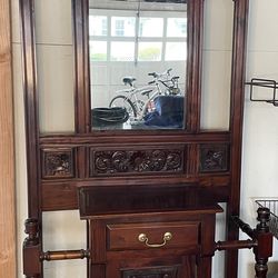 Solid Mahogany Mirrored Hall Tree/Umbrella Holder With Cabinet and Drawer Ornate