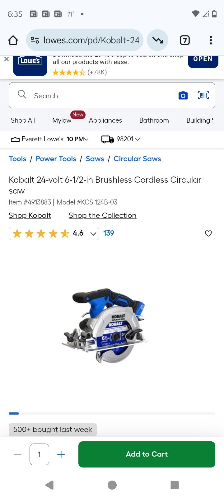 Brand New129.00$ Kobalt 24-volt 6-1/2-in Brushless Cordless Circular saw
