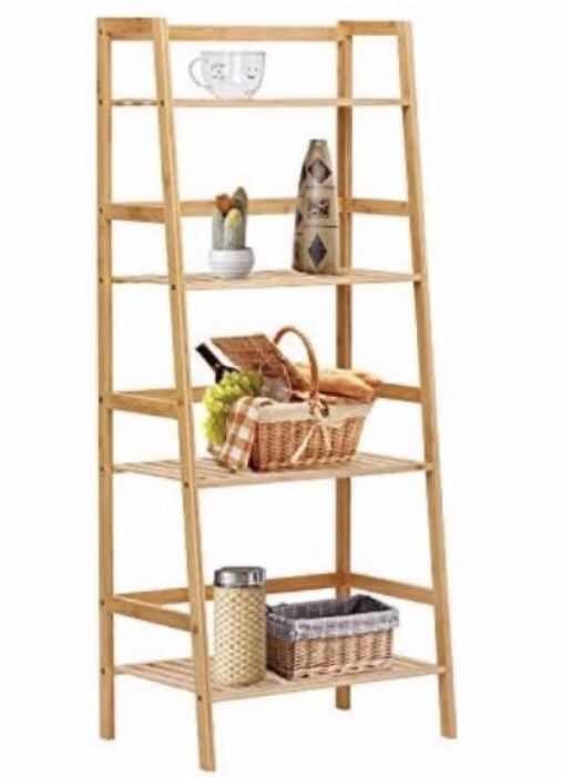 New In Box $30 💕，19”*12”*45” Bamboo Ladder Shelf, 4-Tier Bookcase Book Sto rage Plant Flower Shelves Rack Freestanding Floor Stand Accent Furniture  