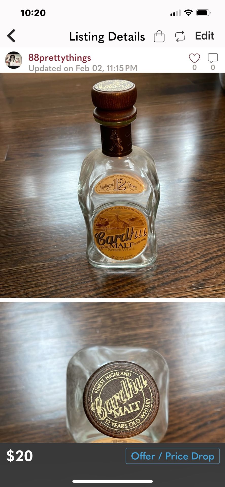Cardhu Finest Malt Highland Scotch Whisky. Bottle is empty - wood stopper $20 Size: OS CARDHU MALT Perfect condition. 100% Pot Still Unblended... from
