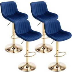 Velvet Bar Stools Set of 4, Adjustable Counter Height Bar Stools with Back and Footrest, Gold Swivel Bar Stools Set of 4 for Kitchen Island, Bar, Cafe
