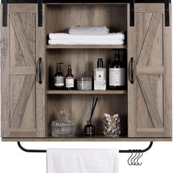 🛁🤎 NEW - Farmhouse Bathroom Wall Cabinet w/ Sliding Barn Door – Washed Oak 🤎🛁
