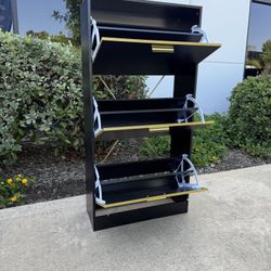 Shoe Cabinet Storage, 3 Tier Freestanding Narrow Hidden Wooden Hallway Shoe Rack with 3 Flip Drawers, Slim Narrow Shoe Organizer C