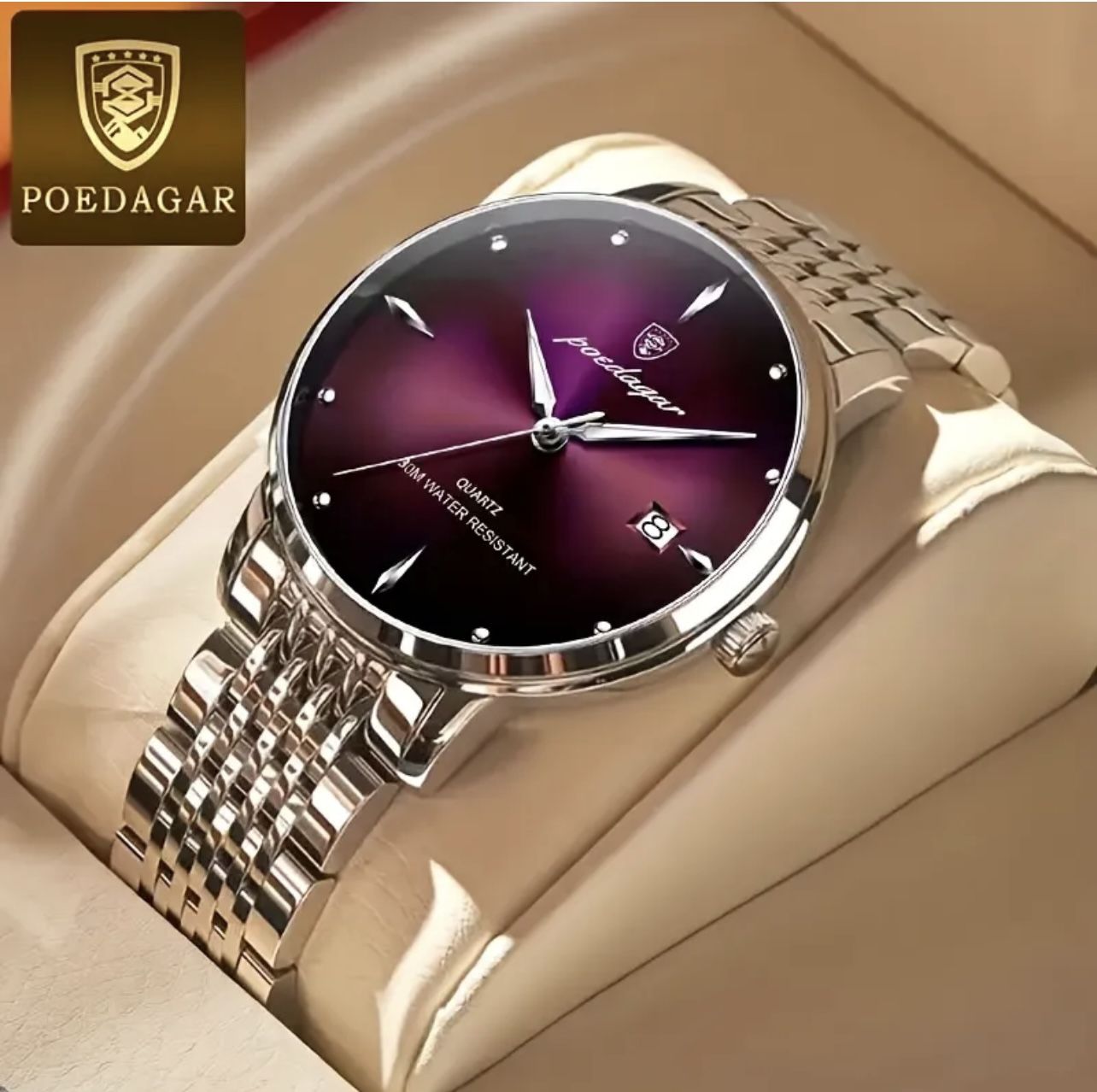 POEDAGAR Men's Luxury Quartz Watch - Elegant Purple Dial with Calendar, Luminous