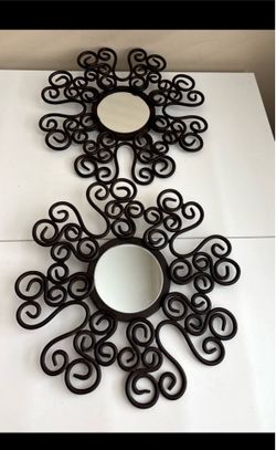 Vintage Wrought Iron Round Wall Mirror Scrollwork Heart Design dark brown